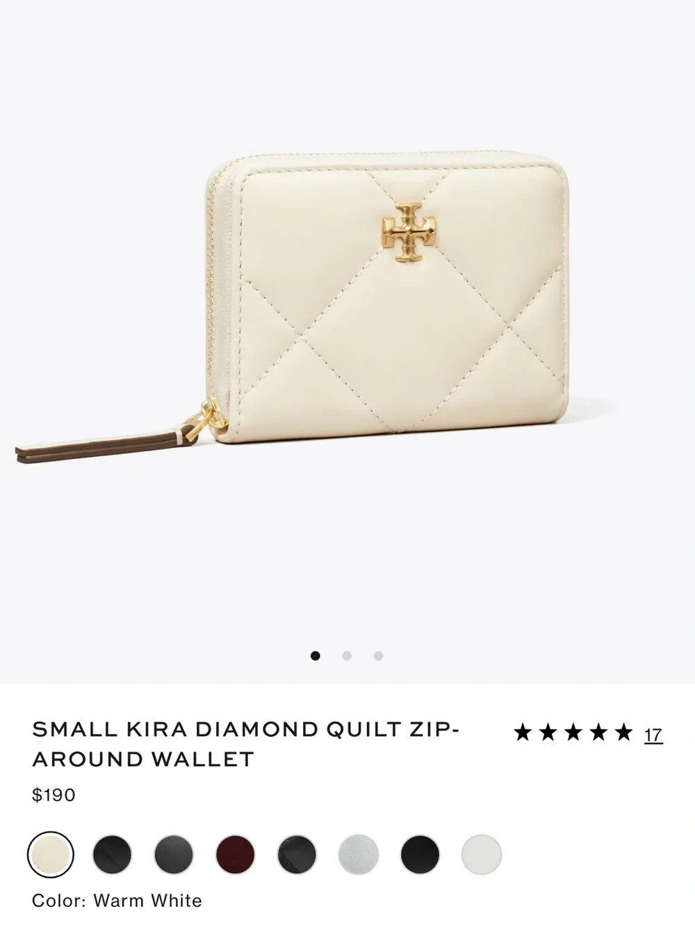 Tory Burch White Quilted Zip Wallet with Gold Logo